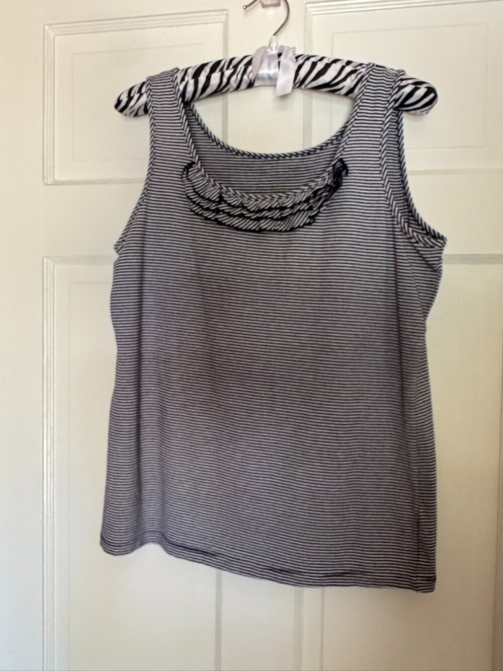 Talbots Black White Striped Sleeveless Knit Shirt With Ruffle